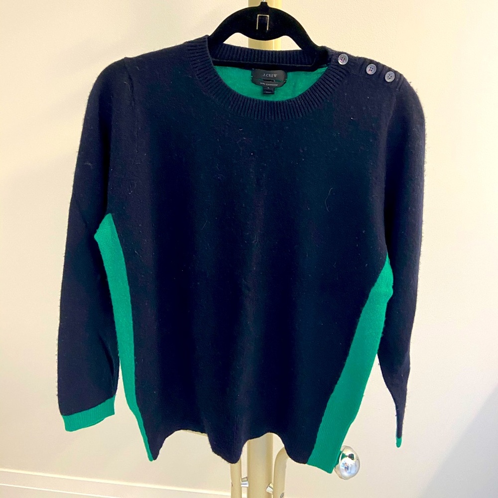 J Crew sweater navy/green with elbow patches.